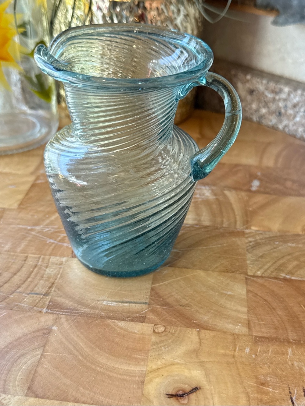 Hand-Blown Aqua Blue Swirl Art Glass Mini Pitcher – Approx. 4.5”